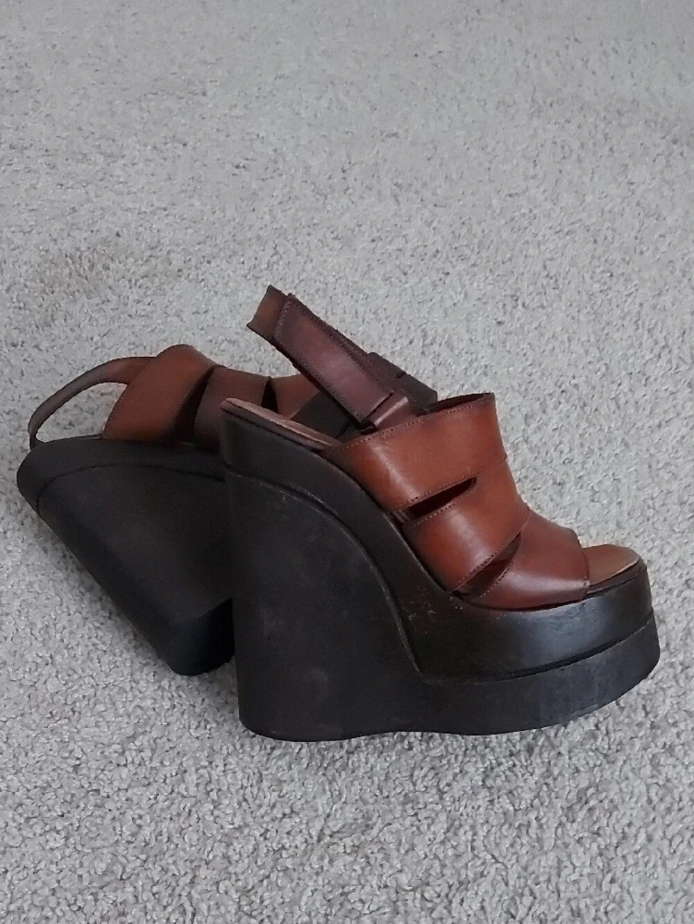 B2 Brown Leather Platform Slingback Sandals